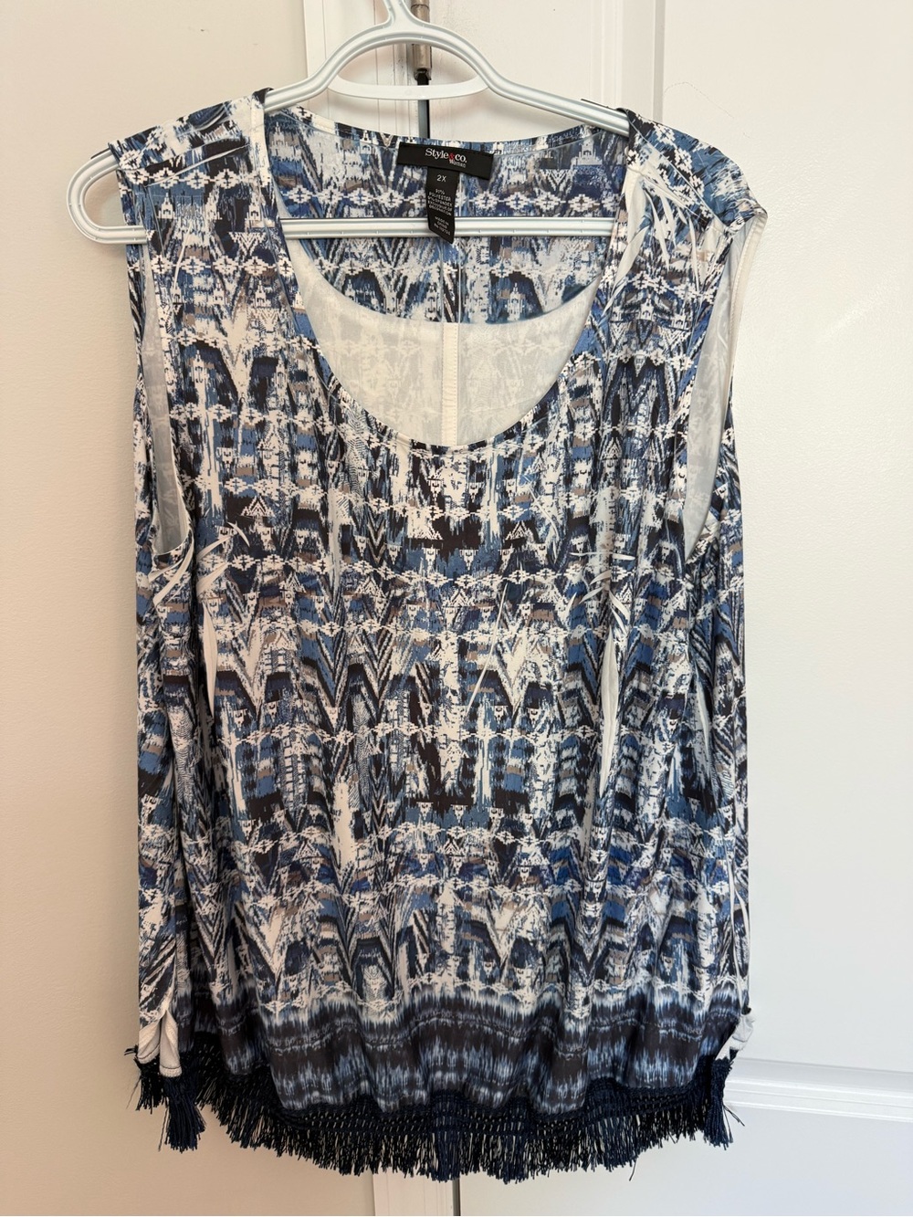 Style & Co. Blue and White Cold-Shoulder Fringe Tunic